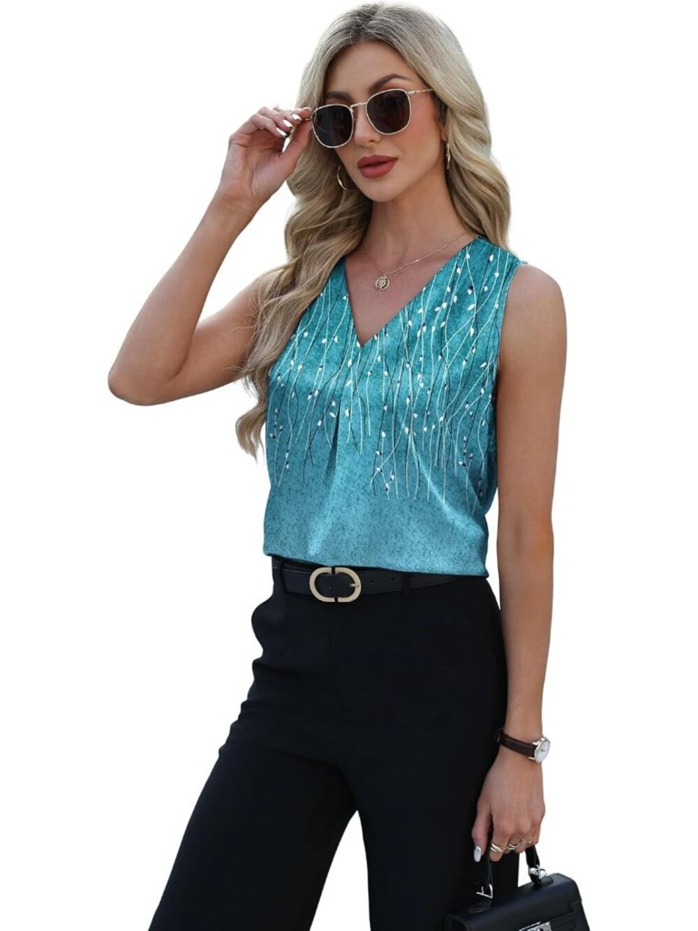Women's Blue Print Sleeveless V Neck Silk Satin Blouses Pull On Casual Tank Tops - Picture 4 of 5